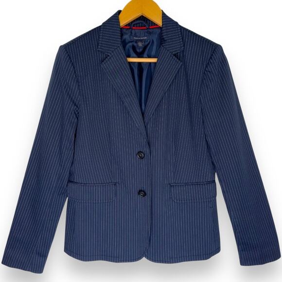 Tommy Hilfiger Women's Pinstripe Blazer 8 Navy Cotton Blend Classic Two Button - Picture 9 of 9